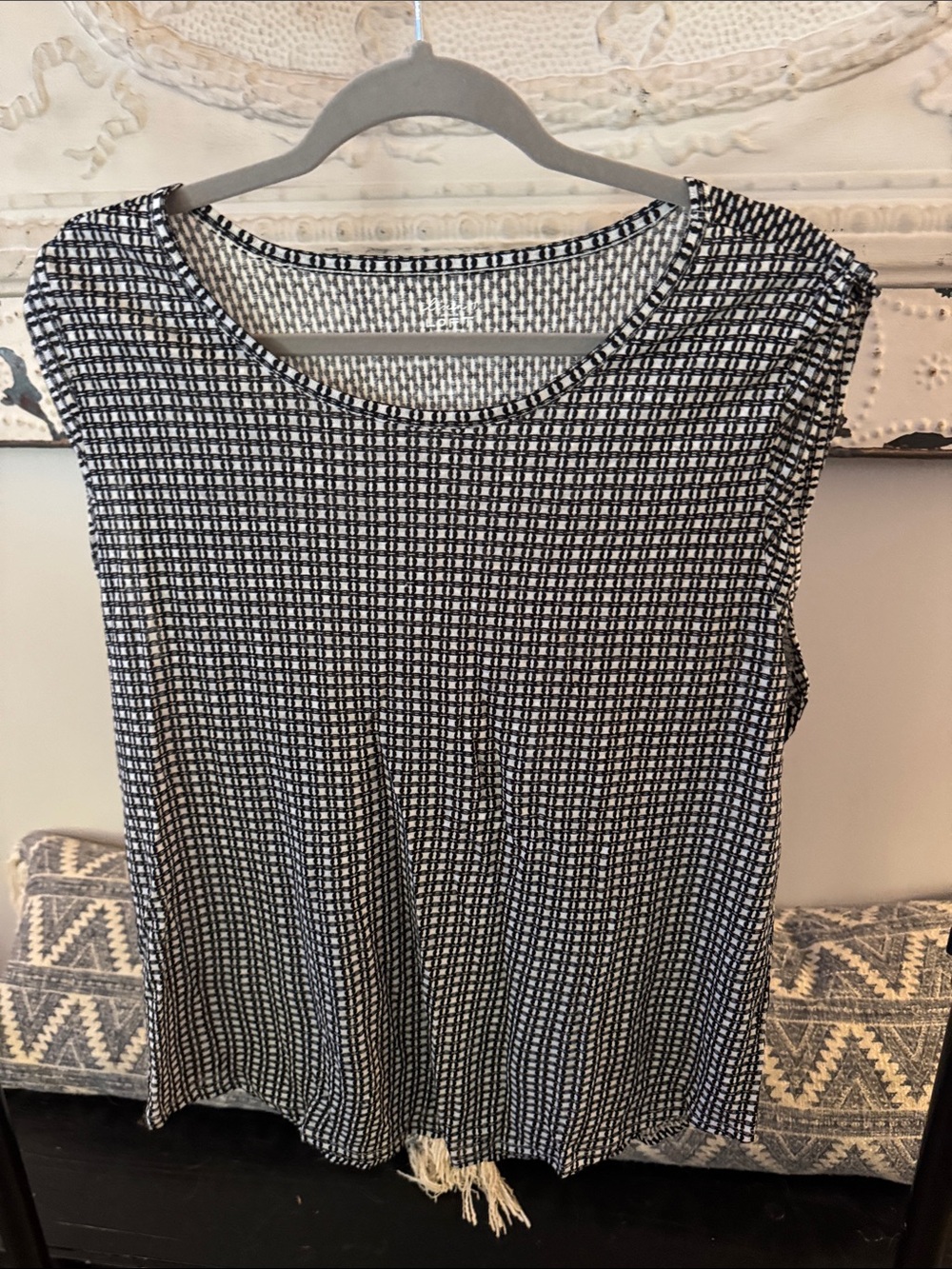 LOFT Black and White Sleeveless Grid-Print Tank